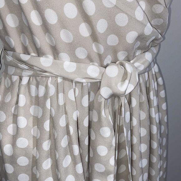 EUC Express Size 8 Champagne Polka Dot Satin Lined Fit & Flare Dress W/Pockets - Picture 5 of 16